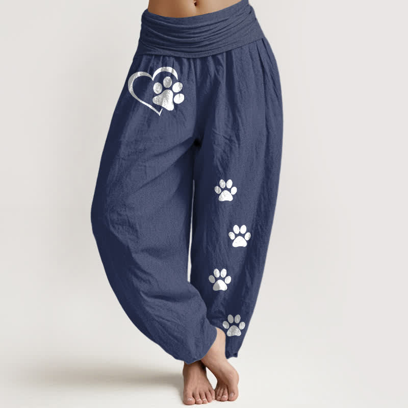 Buddha Stones Pure Cotton Heart Paw Print Pattern Women's Elastic Waist Harem Pants - DarkSlateBlue - US16，UK/AU20，EU48 (3XL) - image 5