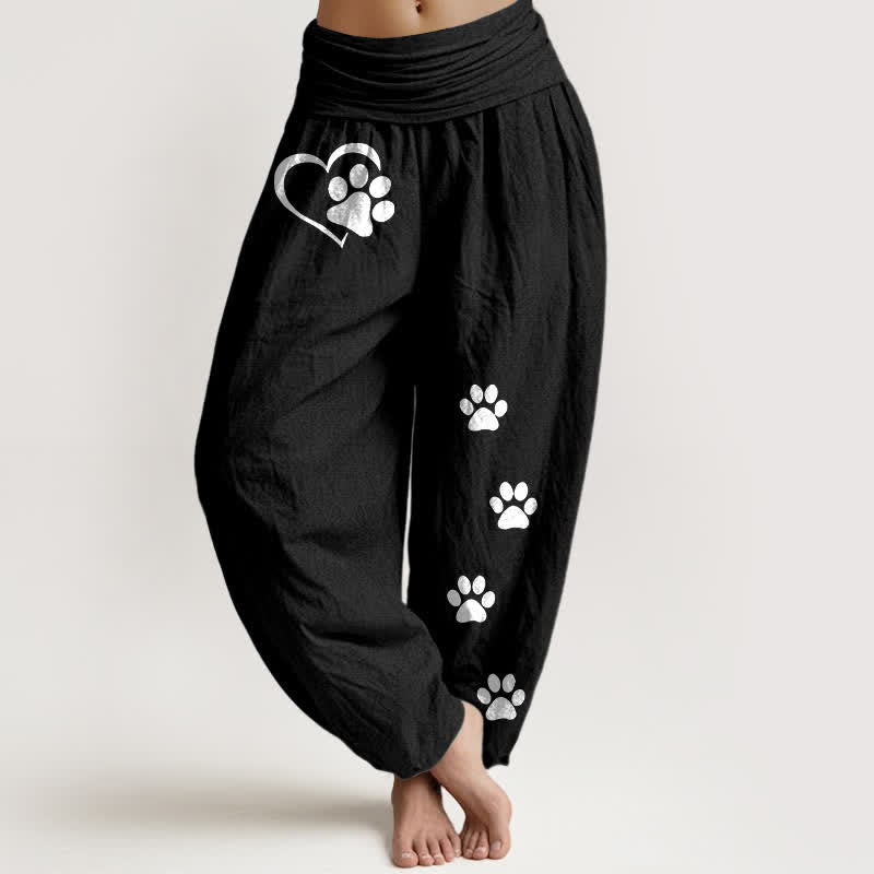 Buddha Stones Pure Cotton Heart Paw Print Pattern Women's Elastic Waist Harem Pants - Black - US16，UK/AU20，EU48 (3XL) - image 0