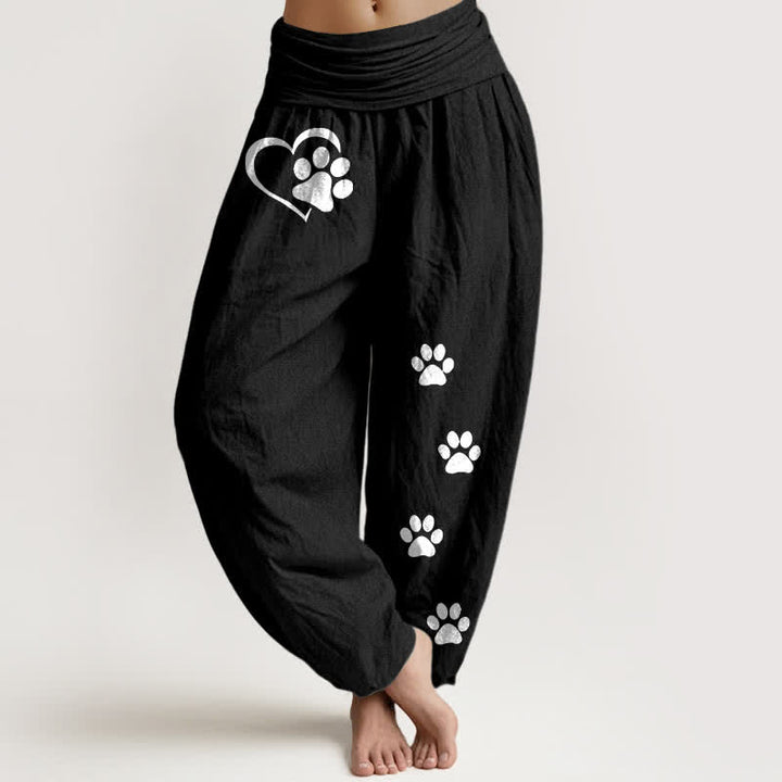 Buddha Stones Pure Cotton Heart Paw Print Pattern Women's Elastic Waist Harem Pants - Black - US16，UK/AU20，EU48 (3XL) - image 0