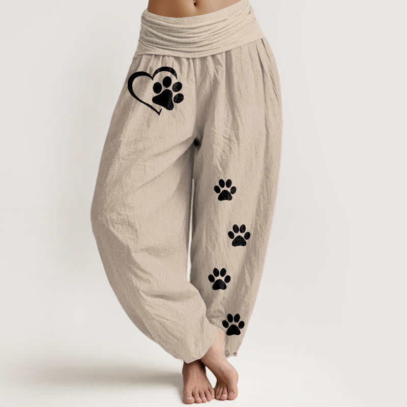 Buddha Stones Pure Cotton Heart Paw Print Pattern Women's Elastic Waist Harem Pants - Tan - US16，UK/AU20，EU48 (3XL) - image 14