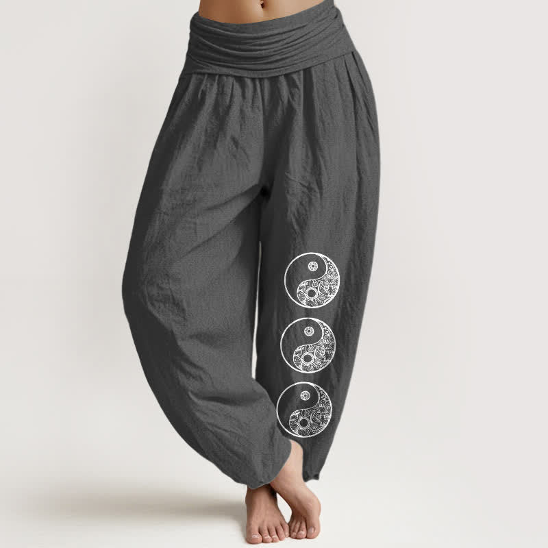 Buddha Stones Pure Cotton Yin Yang Pattern Women's Elastic Waist Harem Pants - DimGray - US16，UK/AU20，EU48 (3XL) - image 0