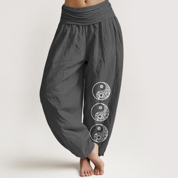 Buddha Stones Pure Cotton Yin Yang Pattern Women's Elastic Waist Harem Pants - DimGray - US16，UK/AU20，EU48 (3XL) - image 0