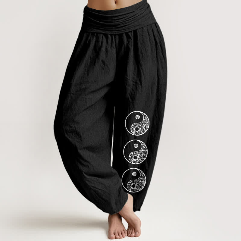 Buddha Stones Pure Cotton Yin Yang Pattern Women's Elastic Waist Harem Pants - Black - US16，UK/AU20，EU48 (3XL) - image 5