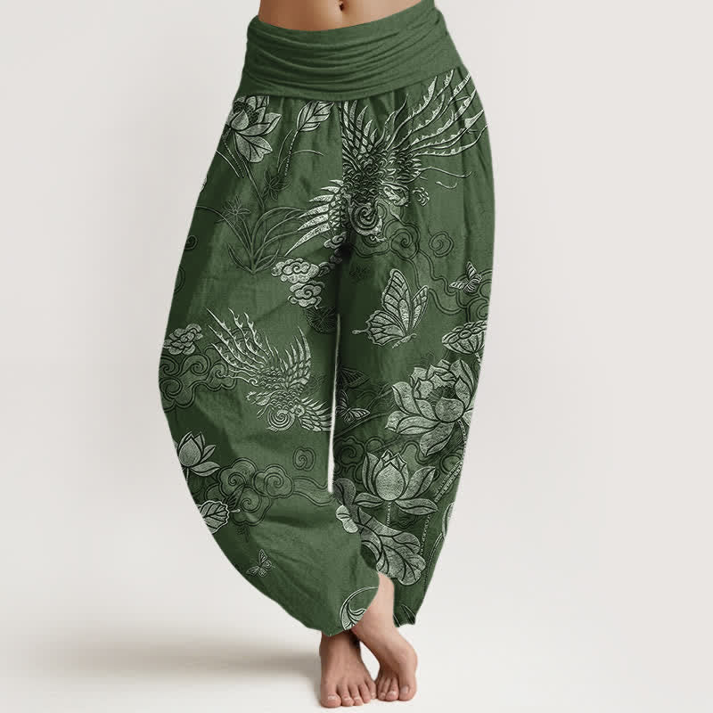 Buddha Stones Cotton Lotus Bird Pattern Women's Elastic Waist Harem Pants - ForestGreen - US16，UK/AU20，EU48 (3XL) - image 0