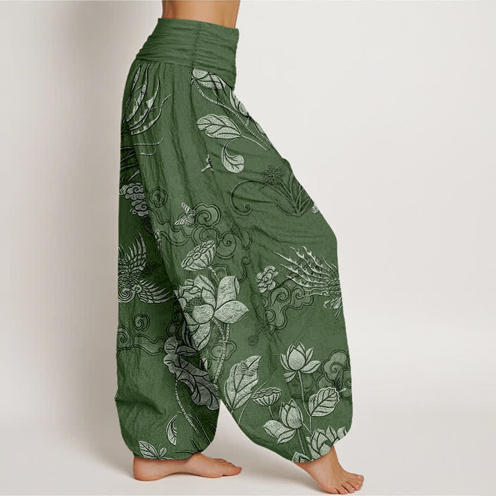 Buddha Stones Cotton Lotus Bird Pattern Women's Elastic Waist Harem Pants - image 2