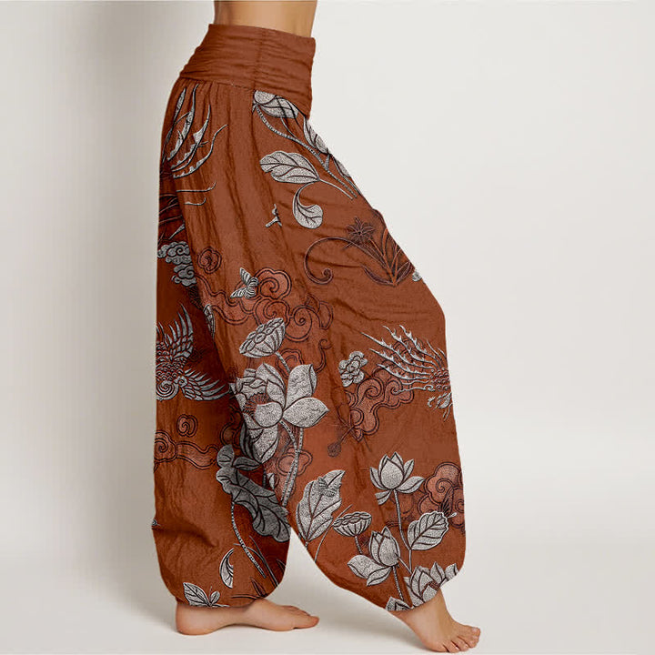 Buddha Stones Cotton Lotus Bird Pattern Women's Elastic Waist Harem Pants - image 10