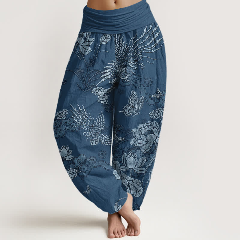 Buddha Stones Cotton Lotus Bird Pattern Women's Elastic Waist Harem Pants - SteelBlue - US16，UK/AU20，EU48 (3XL) - image 5
