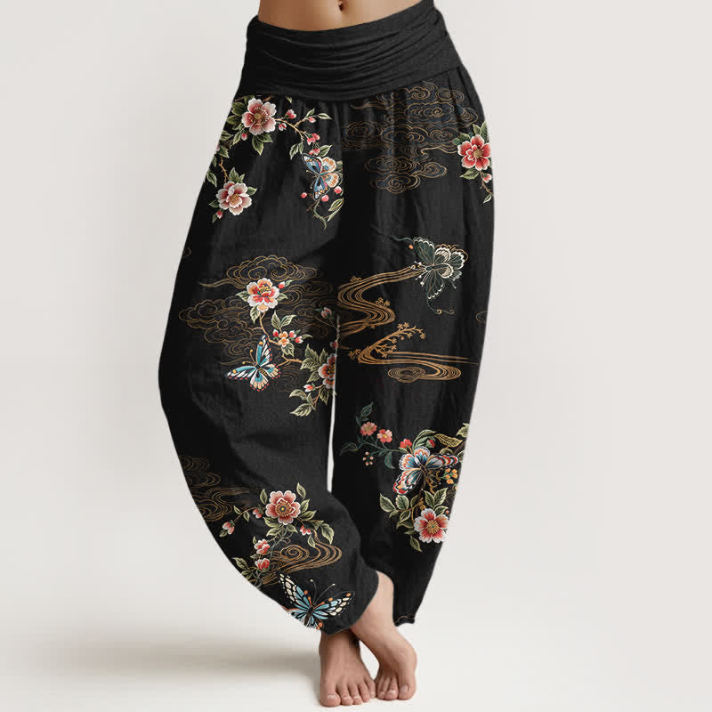 Buddha Stones Pure Cotton Floral Butterfly Pattern Women's Elastic Waist Harem Pants - Black - US16，UK/AU20，EU48 (3XL) - image 0