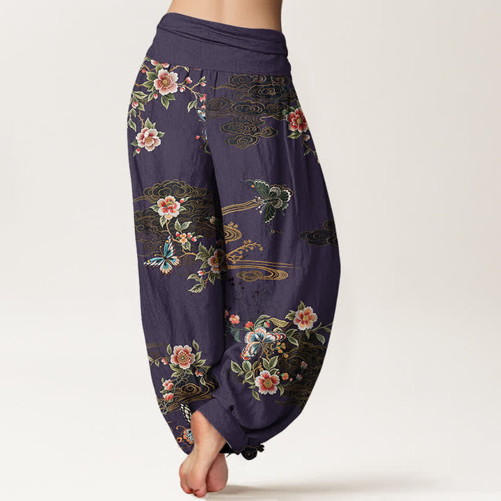 Buddha Stones Pure Cotton Floral Butterfly Pattern Women's Elastic Waist Harem Pants - image 9