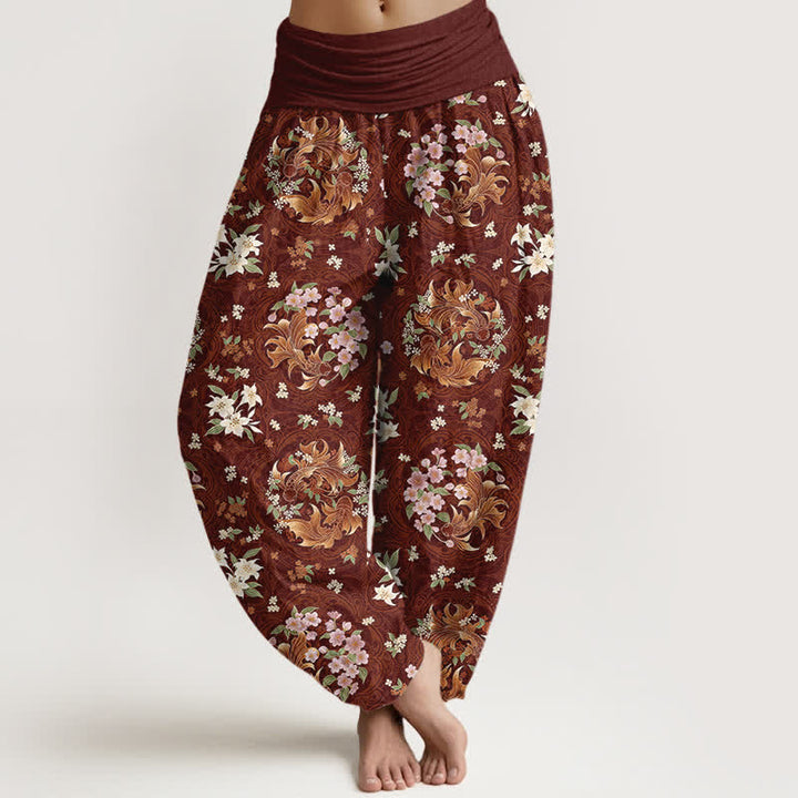 Buddha Stones Pure Cotton Floral Medallion Pattern Women's Elastic Waist Harem Pants - Maroon - US16，UK/AU20，EU48 (3XL) - image 5