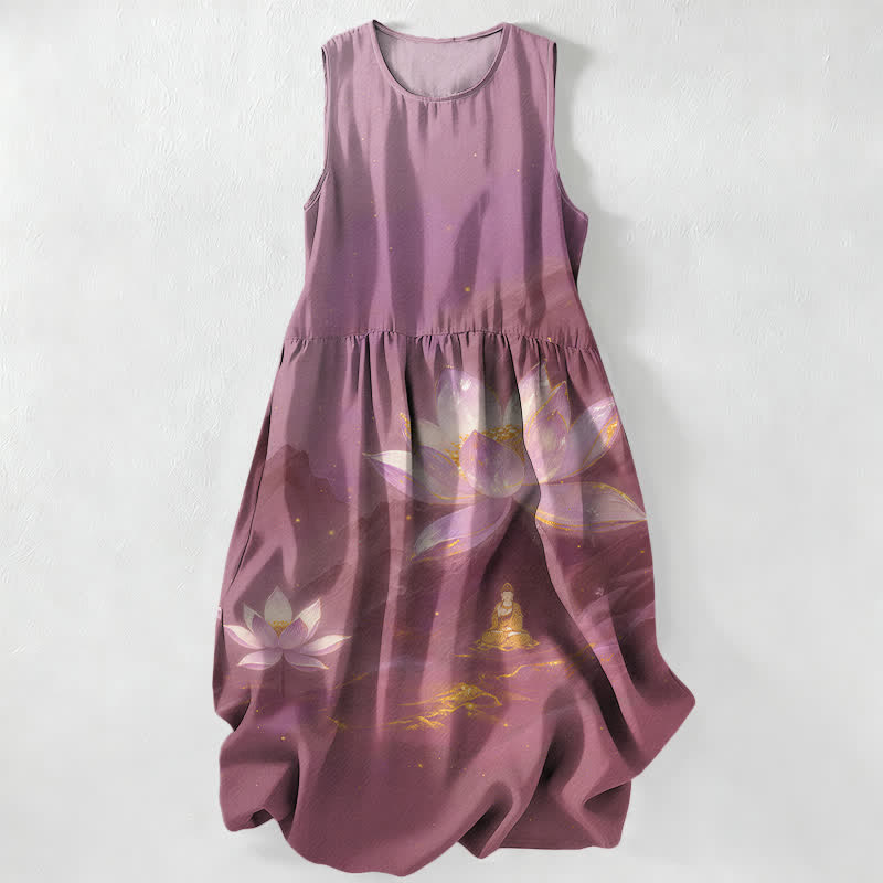 Buddha Stones Summer Casual Lotus Buddha Gold Accent Pattern Women's Summer Sleeveless Midi Dress With Pockets - Plum - US16，UK/AU20，EU48 (3XL) - image 4
