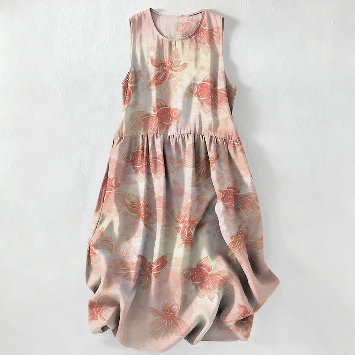 Buddha Stones Summer Casual Goldfish Koi Fish Pattern Women's Summer Sleeveless Midi Dress With Pockets - MistyRose - US16，UK/AU20，EU48 (3XL) - image 0