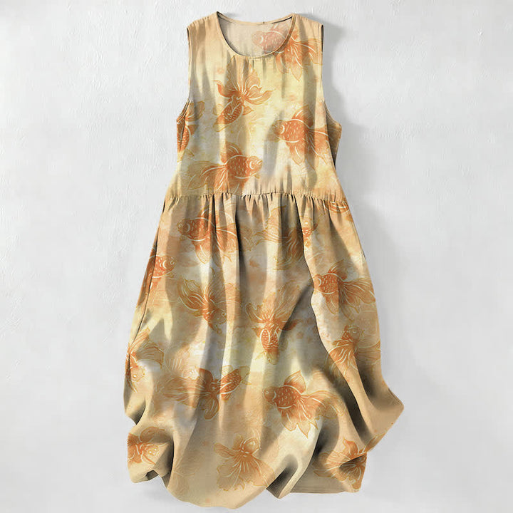 Buddha Stones Summer Casual Goldfish Koi Fish Pattern Women's Summer Sleeveless Midi Dress With Pockets - Wheat - US16，UK/AU20，EU48 (3XL) - image 4