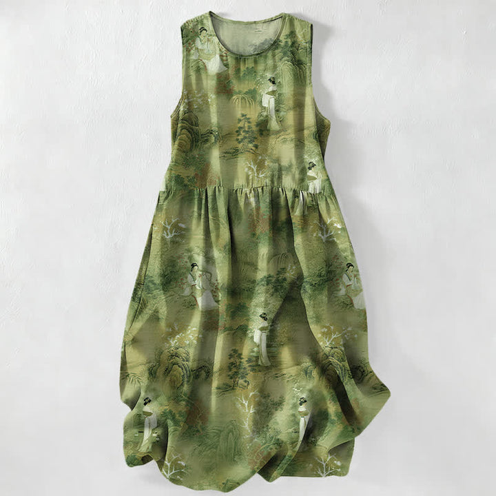 Buddha Stones Summer Casual Oriental Ladies Landscape Pattern Women's Summer Sleeveless Midi Dress With Pockets - OliveDrab - US16，UK/AU20，EU48 (3XL) - image 5
