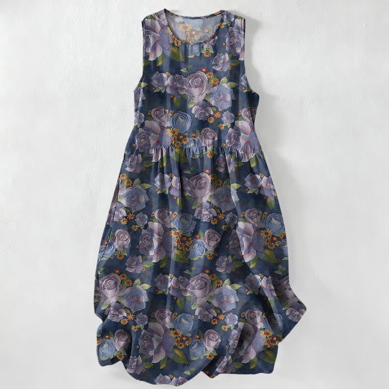 Buddha Stones Summer Casual Vintage Rose Flowers Pattern Women's Summer Sleeveless Midi Dress With Pockets - Navy - US16，UK/AU20，EU48 (3XL) - image 0