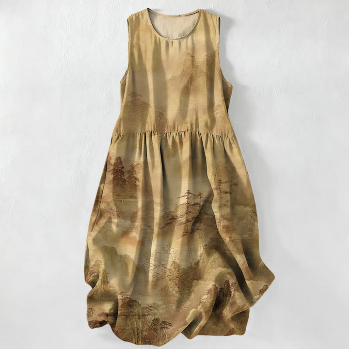 Buddha Stones Summer Casual Ink Landscape Pattern Women's Summer Sleeveless Midi Dress With Pockets - BurlyWood - US16，UK/AU20，EU48 (3XL) - image 4