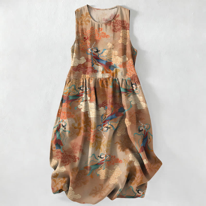 Buddha Stones Summer Casual Eastern Cloud Figure Pattern Women's Summer Sleeveless Midi Dress With Pockets - BurlyWood - US16，UK/AU20，EU48 (3XL) - image 0