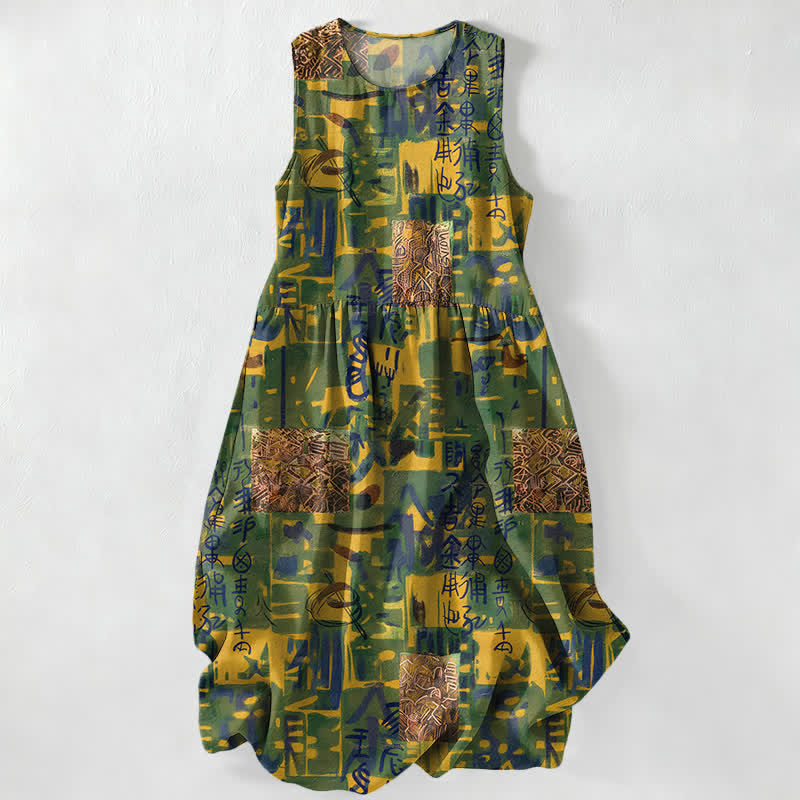 Buddha Stones Summer Casual Abstract Patchwork Geometric Pattern Women's Summer Sleeveless Midi Dress With Pockets - Olive - US16，UK/AU20，EU48 (3XL) - image 0