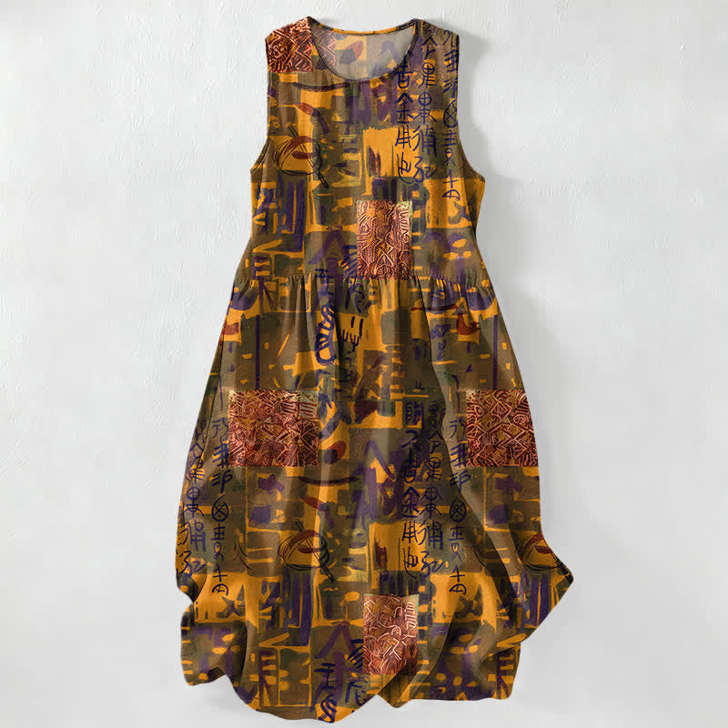 Buddha Stones Summer Casual Abstract Patchwork Geometric Pattern Women's Summer Sleeveless Midi Dress With Pockets - Goldenrod - US16，UK/AU20，EU48 (3XL) - image 5