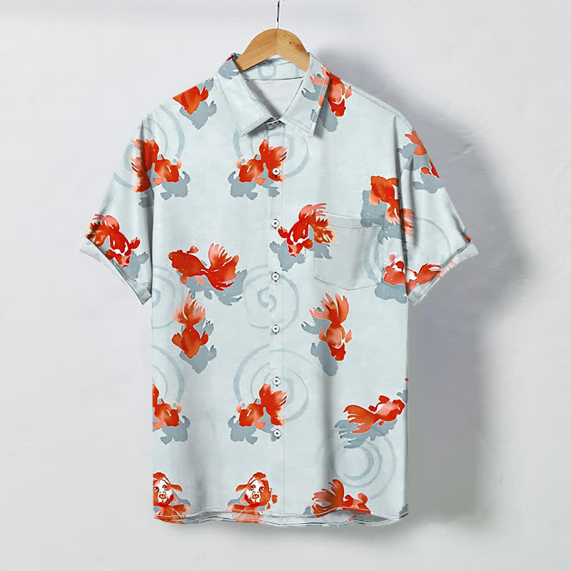 Buddha Stones Red Koi Fish Ripple Pattern Buttons Wrinkle-resistant Men's Short Sleeve Shirt - PowderBlue - US/UK/AU48，EU58 (4XL) - image 0