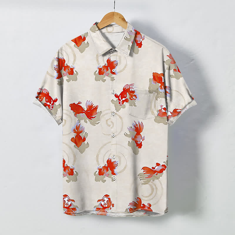 Buddha Stones Red Koi Fish Ripple Pattern Buttons Wrinkle-resistant Men's Short Sleeve Shirt - Linen - US/UK/AU48，EU58 (4XL) - image 6