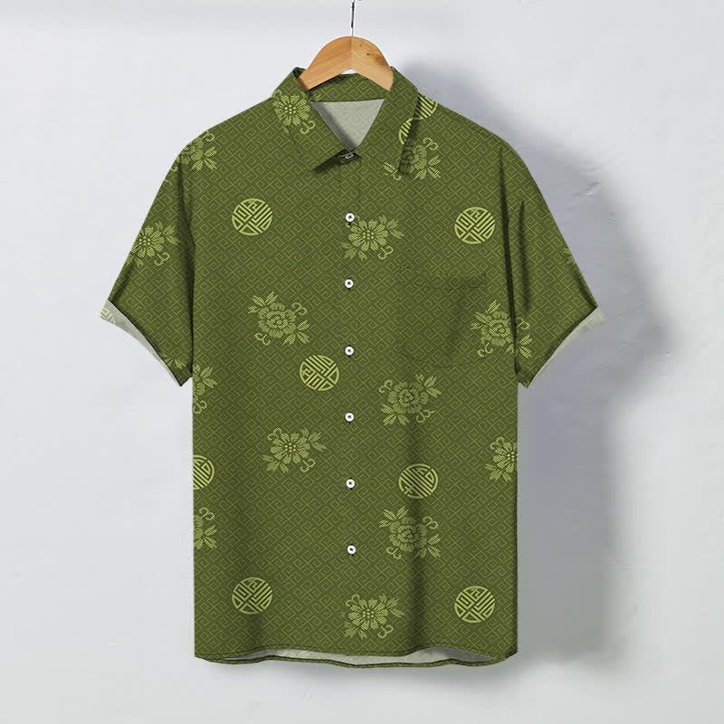 Buddha Stones Geometric Floral Medallion Pattern Buttons Breathable Men's Short Sleeve Shirt - OliveDrab - US/UK/AU48，EU58 (4XL) - image 5