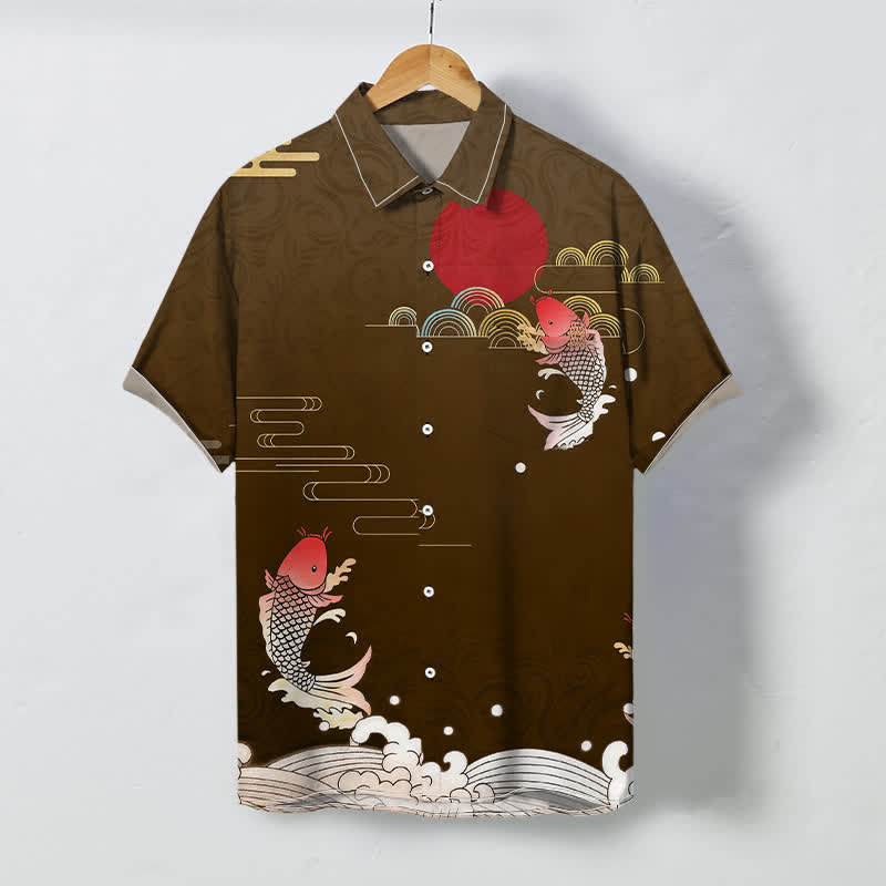 Buddha Stones Red Koi Fish Wave Red Sun Pattern Buttons Breathable Men's Short Sleeve Shirt - SaddleBrown - US/UK/AU48，EU58 (4XL) - image 3