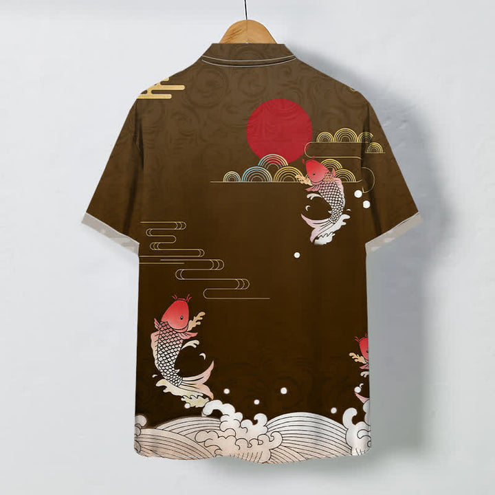 Buddha Stones Red Koi Fish Wave Red Sun Pattern Buttons Breathable Men's Short Sleeve Shirt - image 4