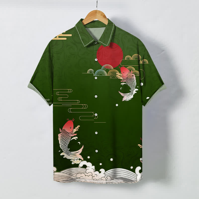 Buddha Stones Red Koi Fish Wave Red Sun Pattern Buttons Breathable Men's Short Sleeve Shirt - ForestGreen - US/UK/AU48，EU58 (4XL) - image 6