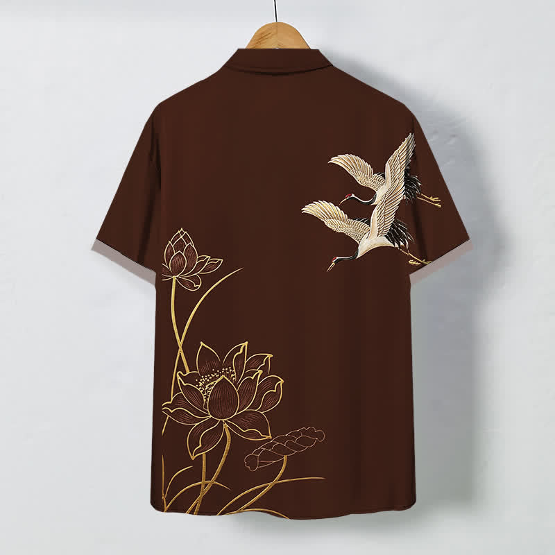 Buddha Stones Crane Lotus Pattern Buttons Breathable Men's Short Sleeve Shirt - image 1