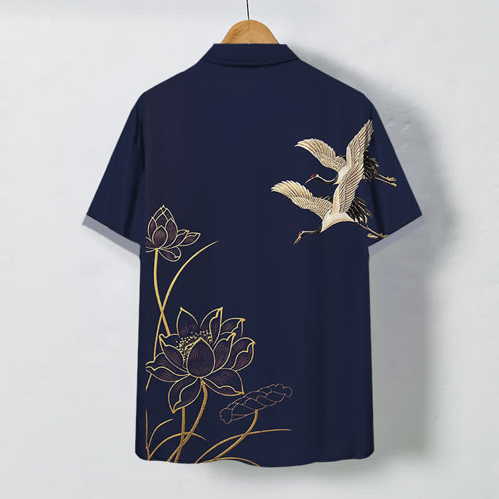 Buddha Stones Crane Lotus Pattern Buttons Breathable Men's Short Sleeve Shirt - image 6
