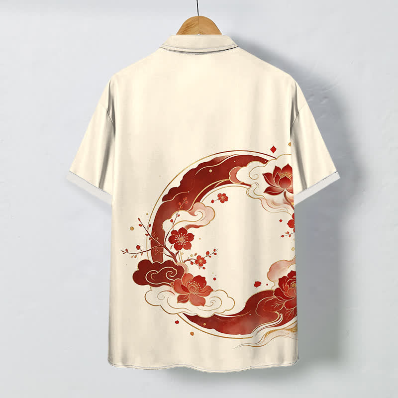 Buddha Stones Oriental Floral Lotus Peach Blossoms Cloud Pattern Buttons Breathable Men's Short Sleeve Shirt - image 1
