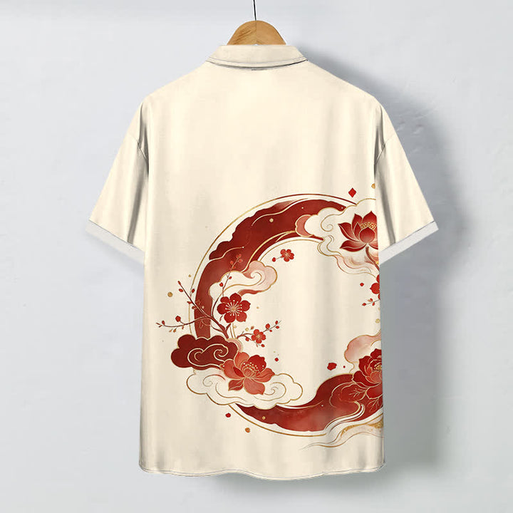 Buddha Stones Oriental Floral Lotus Peach Blossoms Cloud Pattern Buttons Breathable Men's Short Sleeve Shirt - image 1