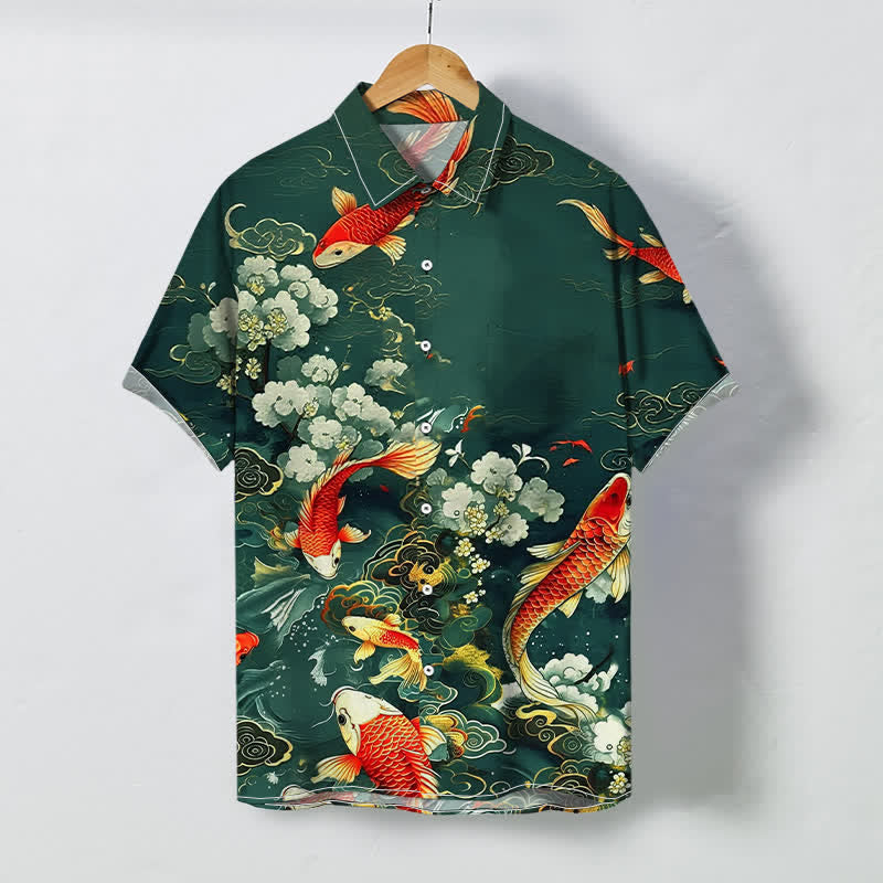 Buddha Stones Red Koi Fish Cloud Wave White Floral Pattern Buttons Wrinkle-resistant Men's Short Sleeve Shirt - ForestGreen - US/UK/AU48，EU58 (4XL) - image 0
