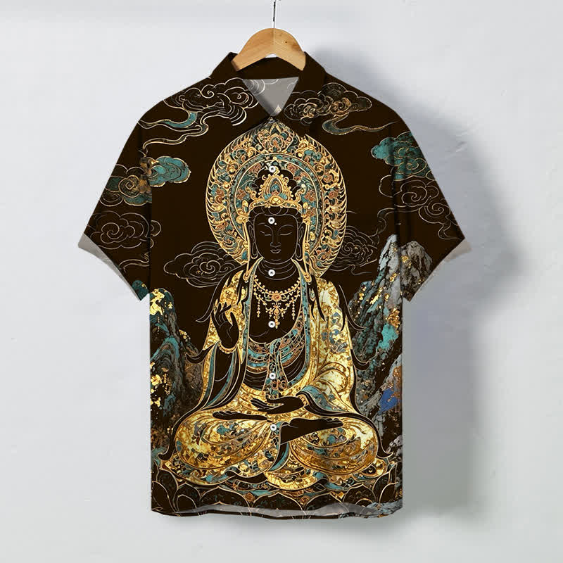 Buddha Stones Golden Buddha Cloud Pattern Buttons Wrinkle-resistant Men's Short Sleeve Shirt - SaddleBrown - US/UK/AU48，EU58 (4XL) - image 0