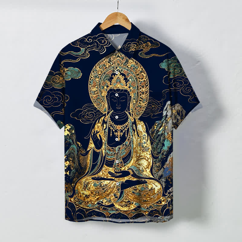 Buddha Stones Golden Buddha Cloud Pattern Buttons Wrinkle-resistant Men's Short Sleeve Shirt - MidnightBlue - US/UK/AU48，EU58 (4XL) - image 10