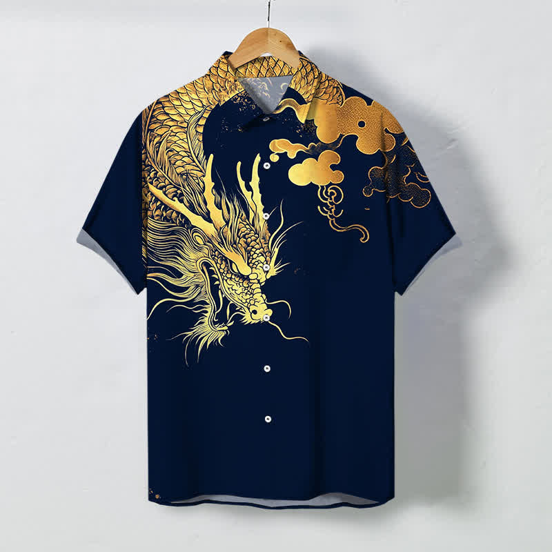 Buddha Stones Golden Dragon Cloud Pattern Buttons Wrinkle-resistant Men's Short Sleeve Shirt - Navy - US/UK/AU48，EU58 (4XL) - image 0