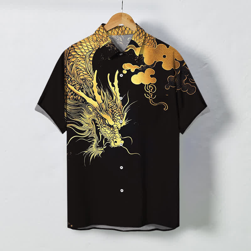 Buddha Stones Golden Dragon Cloud Pattern Buttons Wrinkle-resistant Men's Short Sleeve Shirt - Black - US/UK/AU48，EU58 (4XL) - image 5