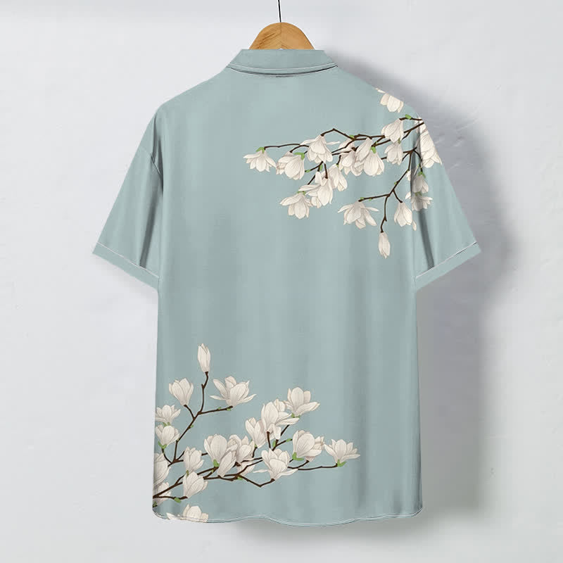 Buddha Stones White Magnolia Floral Pattern Buttons Wrinkle-resistant Men's Short Sleeve Shirt - image 1