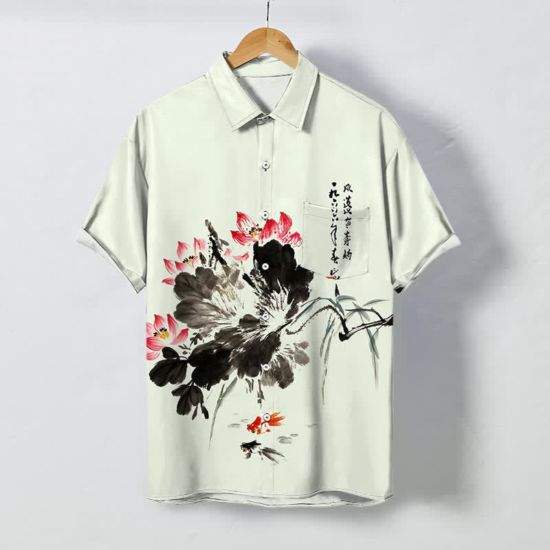 Buddha Stones Ink Lotus Koi Fish Pattern Buttons Breathable Men's Short Sleeve Shirt - MintCream - US/UK/AU48，EU58 (4XL) - image 3