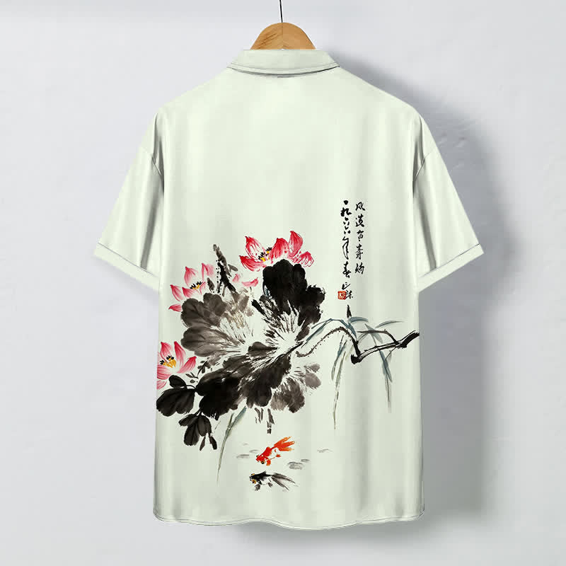 Buddha Stones Ink Lotus Koi Fish Pattern Buttons Breathable Men's Short Sleeve Shirt - image 4