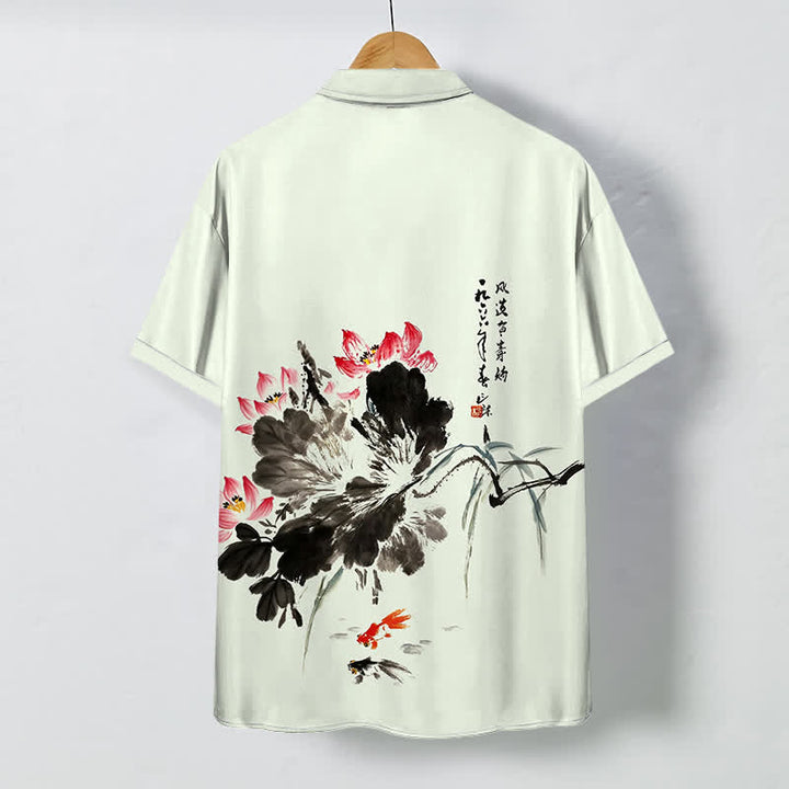 Buddha Stones Ink Lotus Koi Fish Pattern Buttons Breathable Men's Short Sleeve Shirt - image 4