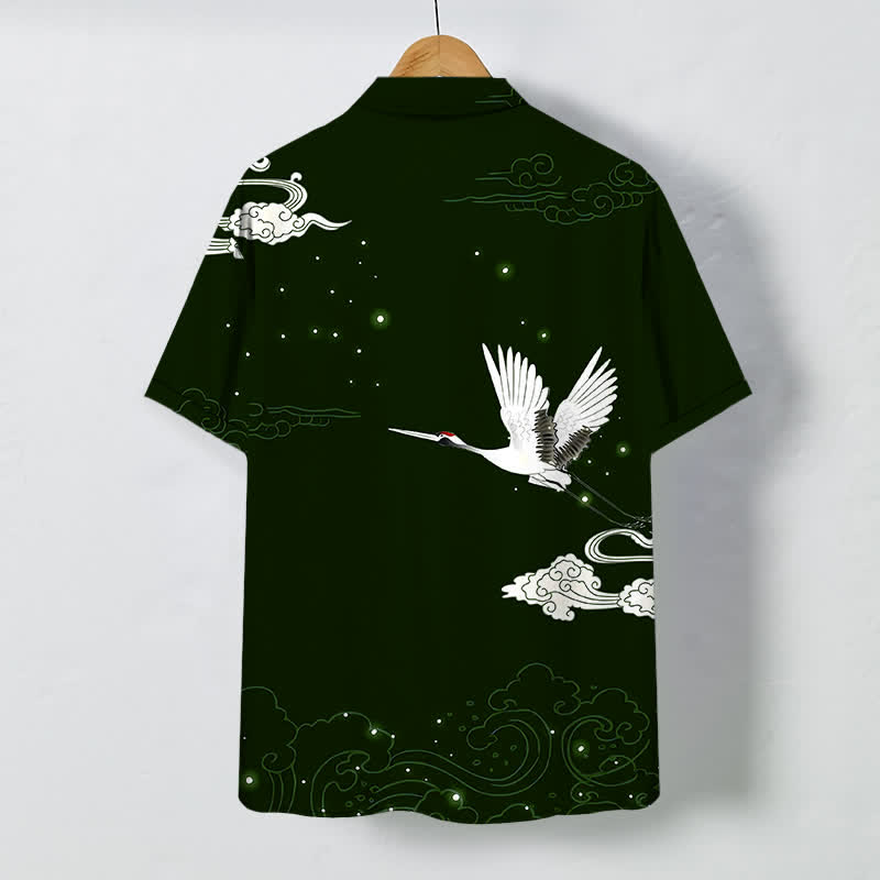 Buddha Stones Flying Crane Cloudwave Pattern Buttons Wrinkle-resistant Men's Short Sleeve Shirt - image 6