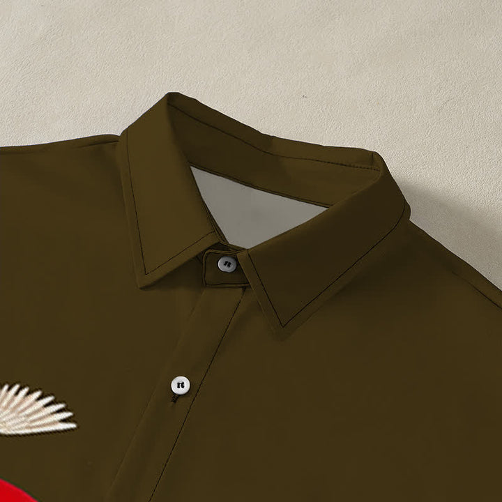 Buddha Stones Red Sun Crane Pine Pattern Buttons Wrinkle-resistant Men's Short Sleeve Shirt - image 7