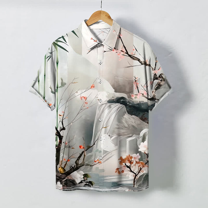 Buddha Stones Ink Landscape Crane Blossom Pattern Buttons Wrinkle-resistant Men's Short Sleeve Shirt - WhiteSmoke - US/UK/AU48，EU58 (4XL) - image 0
