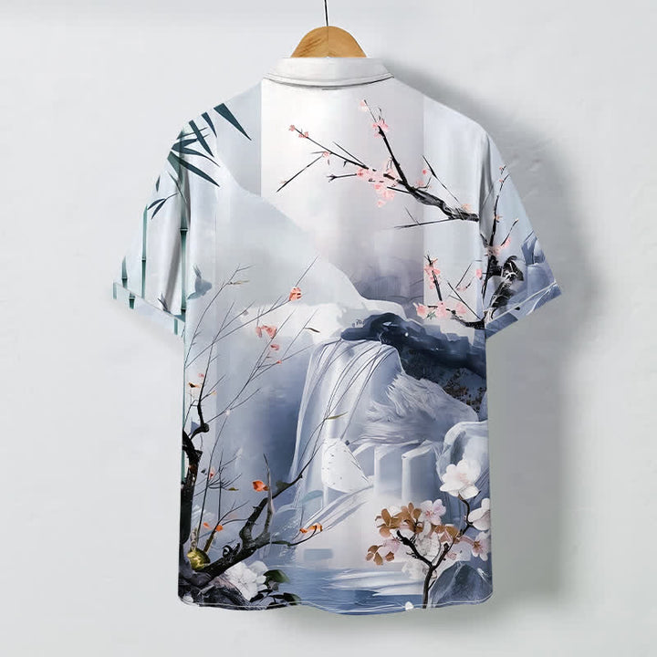 Buddha Stones Ink Landscape Crane Blossom Pattern Buttons Wrinkle-resistant Men's Short Sleeve Shirt - image 7