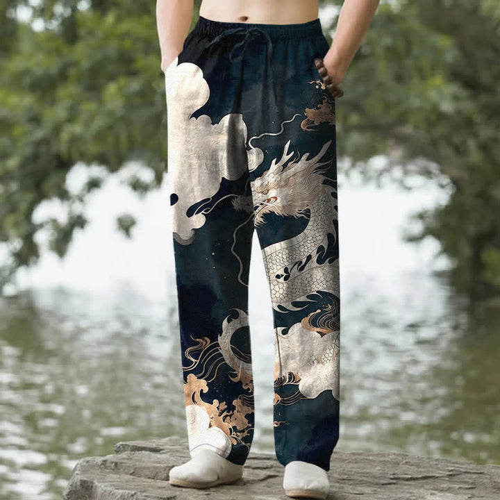 Buddha Stones Cotton Dragon Cloud Pattern Men's Tapered Pants With Pockets - Teal - US/UK/AU50，EU60 (5XL) - image 0
