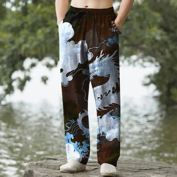 Buddha Stones Cotton Dragon Cloud Pattern Men's Tapered Pants With Pockets - SaddleBrown - US/UK/AU50，EU60 (5XL) - image 4