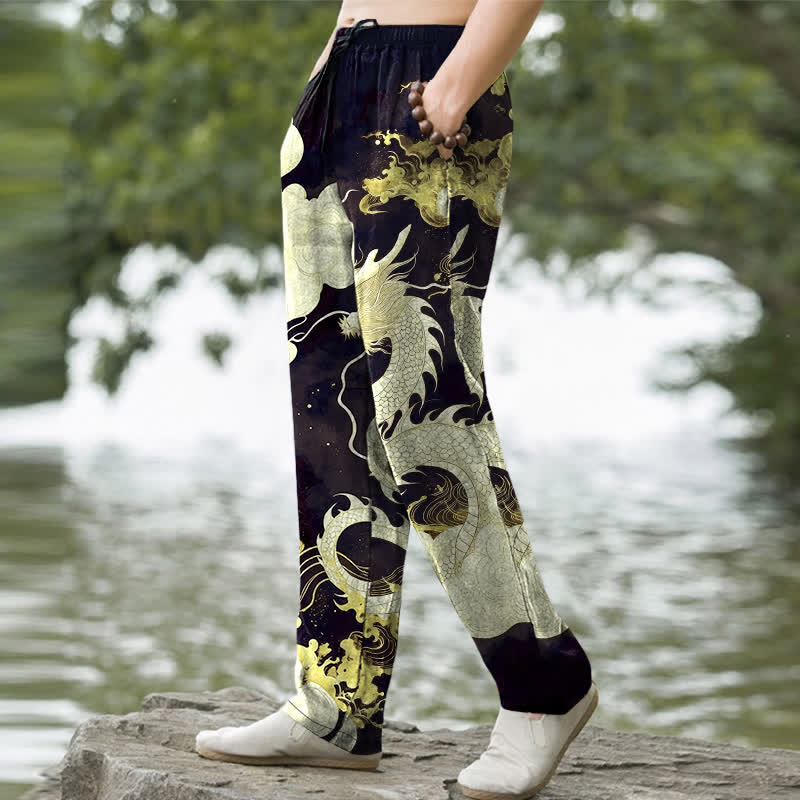 Buddha Stones Cotton Dragon Cloud Pattern Men's Tapered Pants With Pockets - image 7