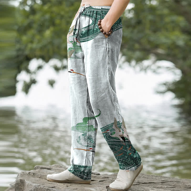 Buddha Stones Cotton White Crane Wave Pattern Men's Tapered Pants With Pockets - image 7